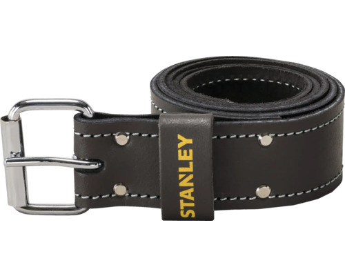 Schwarzer Stanley Arbeitsgürtel aus Leder mit silberner Metallschnalle, weißen Nähten, Nieten und Stanley Logo.