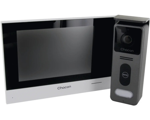 Chacon Video-Türsprechanlage bestehend aus einem Innenmonitor mit Bildschirm und einer Außenstation mit Kamera und RFID-Leser.