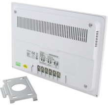 Rückansicht eines weißen Innenmonitors für Video-Türsprechanlagen mit Lüftungsschlitzen, Anschlussklemmen und Metallhalterung.