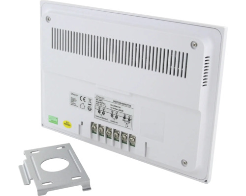 Rückansicht eines weißen Innenmonitors für Video-Türsprechanlagen mit Lüftungsschlitzen, Anschlussklemmen und Metallhalterung.