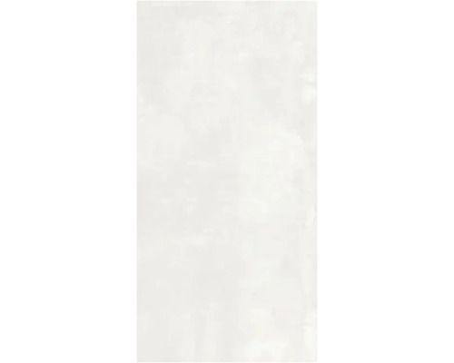 Rechteckige Feinsteinzeugfliese in hellgrauer Betonoptik für Wand und Boden.