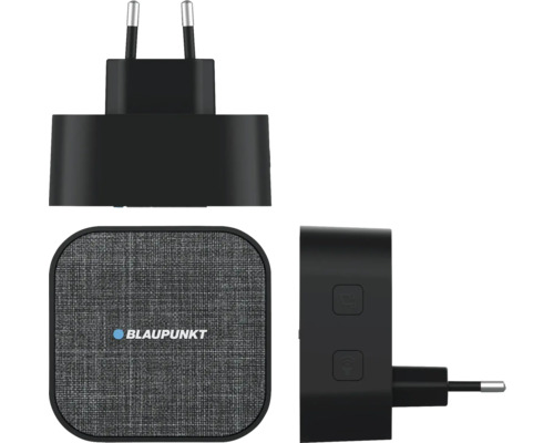 Blaupunkt Zwischenstecker mit Stofffront und Blaupunkt Logo, Ansicht von drei Seiten mit Eurostecker und Bedientasten.