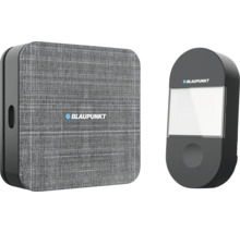 Blaupunkt Funk-Türklingel-Set mit quadratischem Empfänger in grauer Stoffoptik und schwarzer Klingeltaste, beide mit Blaupunkt Logo.
