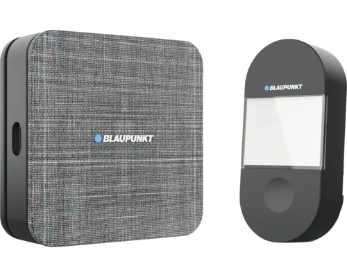 Blaupunkt Funk-Türklingel-Set mit quadratischem Empfänger in grauer Stoffoptik und schwarzer Klingeltaste, beide mit Blaupunkt Logo.