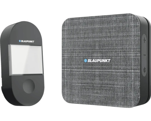 Blaupunkt Funkklingel Set mit schwarzer Klingeltaste inklusive Namensschild und quadratischem grauen Empfänger mit Stoffoberfläche.