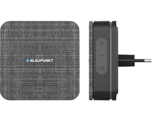 Blaupunkt Steckdosen-Lautsprecher mit Stofffront, Lautstärkeregelung, Stummschaltungstaste und Blaupunkt Logo.