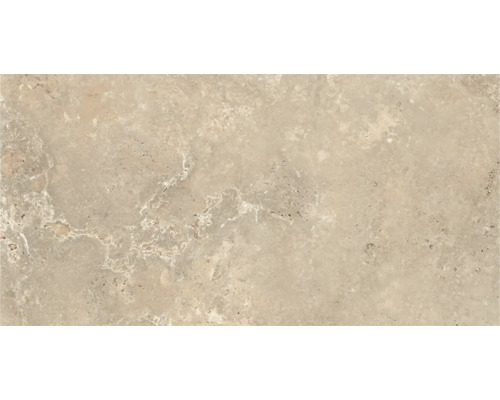 Fliese in Natursteinoptik Beige mit Travertin-Struktur.