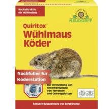 Neudorff Quiritox Wühlmaus Köder Nachfüller für Köderstationen, schützt Bausubstanz vor Zerstörung, Abbildung einer Wühlmaus und Neudorff Logo.