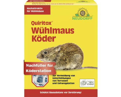Neudorff Quiritox Wühlmaus Köder Nachfüller für Köderstationen, schützt Bausubstanz vor Zerstörung, Abbildung einer Wühlmaus und Neudorff Logo.