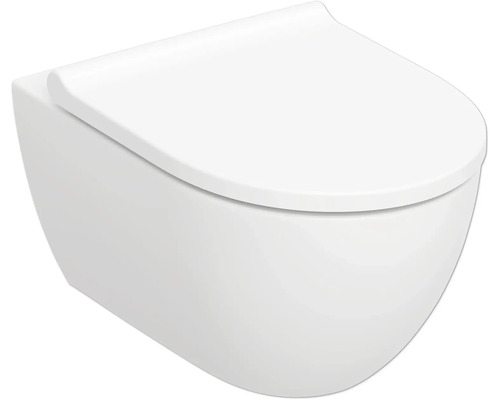 Wand-WC mit geschlossenem WC-Sitz, modernes Design aus Keramik.