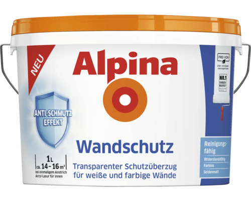 Alpina Wandschutz, transparenter Schutzüberzug für weiße und farbige Wände, circa 14 bis 16 Quadratmeter, 1 Liter, seidenmatt, reinigungsfähig.