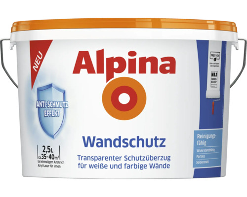 Alpina Wandschutz, 2,5 Liter, transparenter Schutzüberzug für weiße und farbige Wände mit Anti-Schmutz-Effekt, seidenmatte Acryl-Lasur.