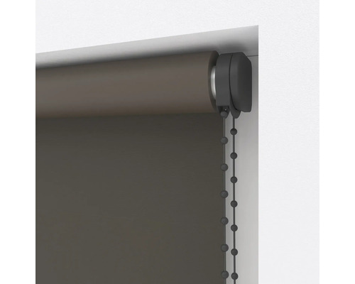 Seitenzugrollo mit Perlenkette und Halterung zur Montage in der Fensternische.