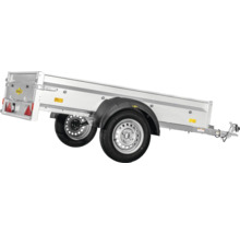Humbaur Tandem-Anhänger mit Bordwänden aus Aluminium und klappbarer Rückwand.