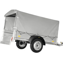 Einachsiger Anhänger mit hoher grauer Plane und Aluminium-Bordwänden.