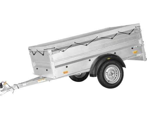 Autoanhänger aus verzinktem Stahl mit Flachplane, zwei Rädern und Anhängerkupplung.