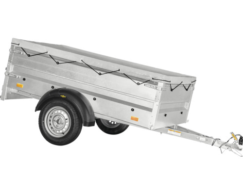 Einachsiger Pkw-Anhänger aus Metall mit grauer Flachplane und schwarzer Planenschnur.