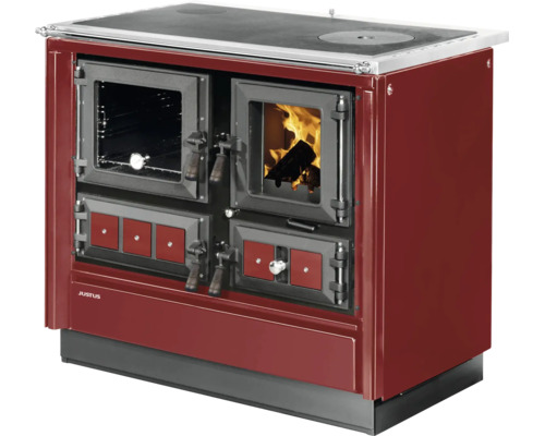 Roter Justus Holzherd mit Backofenfach, Sichtscheibe mit Feuer und Herdplatte.