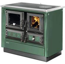 Justus Holzherd aus Metall mit Backofen, Sichtfenster zum Feuerraum und Kochplatte.