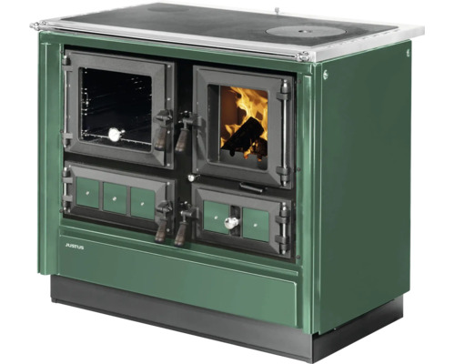 Justus Holzherd aus Metall mit Backofen, Sichtfenster zum Feuerraum und Kochplatte.