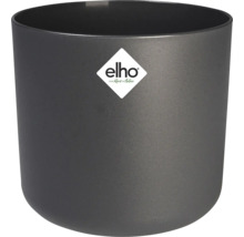 Runder Elho Pflanztopf aus Kunststoff in Anthrazit mit Elho Logo.