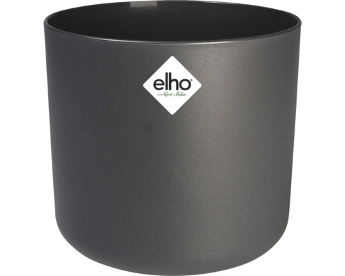 Runder Elho Pflanztopf aus Kunststoff in Anthrazit mit Elho Logo.
