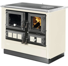 Küchenherd Justus mit Sichtfenster für Backofen und Brennraum, creme-schwarz mit verchromter Reling.
