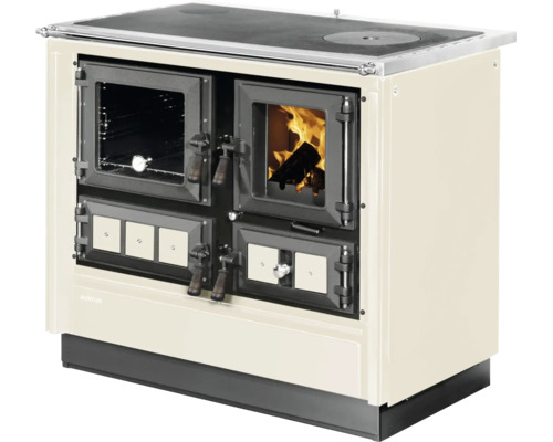 Küchenherd Justus mit Sichtfenster für Backofen und Brennraum, creme-schwarz mit verchromter Reling.