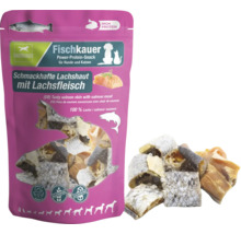 Dauerkauer Logo, Fischkauer Snack aus Lachshaut mit Lachsfleisch für Hunde und Katzen, proteinreich, glutenfrei und zuckerfrei.