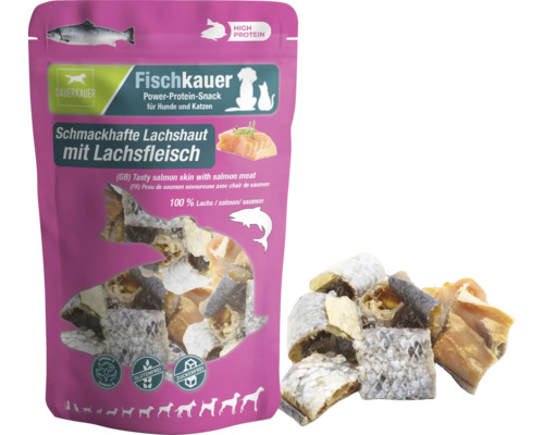 Dauerkauer Logo, Fischkauer Snack aus Lachshaut mit Lachsfleisch für Hunde und Katzen, proteinreich, glutenfrei und zuckerfrei.