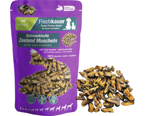 Dauerkauer Fischkauer Zeeland Muscheln Snack für Hunde und Katzen, gekocht und getrocknet, hoher Proteingehalt, glutenfrei und zuckerfrei.