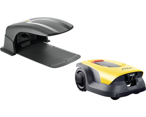 Gelb-grauer Stiga Mähroboter mit Ladestation und Garage.