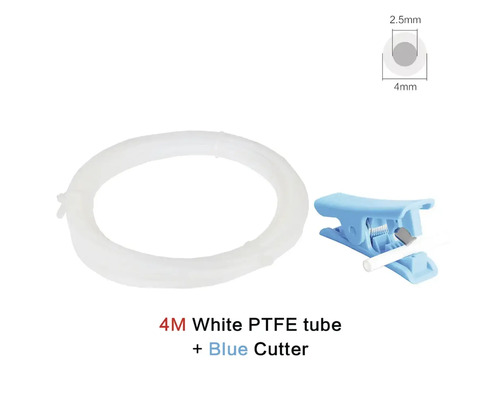4 Meter langer weißer PTFE-Schlauch mit blauem Schneider, 2,5 Millimeter Innendurchmesser und 4 Millimeter Außendurchmesser.
