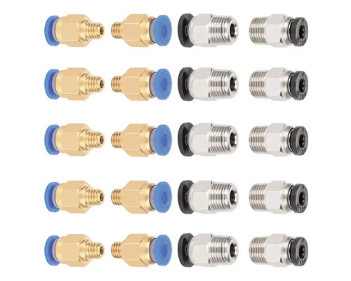 Set aus 20 pneumatischen Steckverschraubungen mit Außengewinde aus Messing und silberfarbenem Metall für Luftschläuche.
