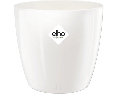 Weißer runder Blumentopf aus Kunststoff mit Elho Logo.