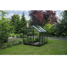 Klassisches Gewächshaus mit dunkelgrünem Aluminiumrahmen und transparenten Glasscheiben in einem begrünten Garten mit Bäumen.