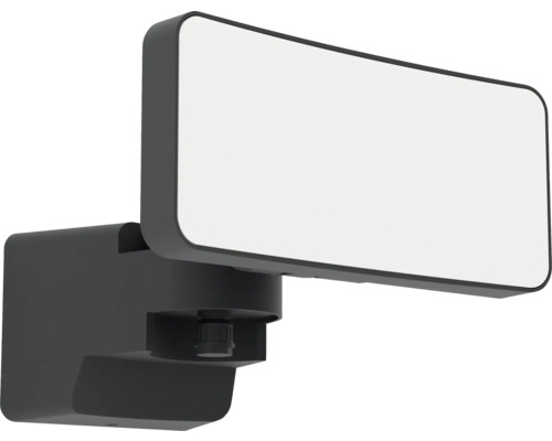 LED-Außenstrahler mit Bewegungsmelder in Schwarz, flaches rechteckiges Design für die Wandmontage.