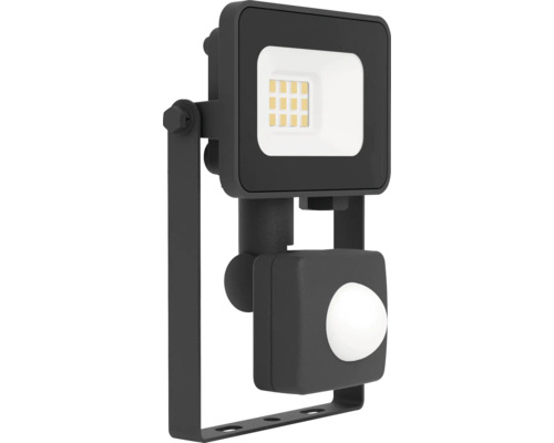 Schwarzer LED-Strahler mit Montagebügel und integriertem Bewegungsmelder.