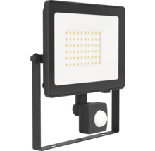 Schwarzer LED-Fluter mit Bewegungsmelder und Montagebügel.