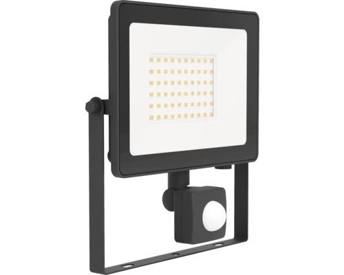 Schwarzer LED-Fluter mit Bewegungsmelder und Montagebügel.