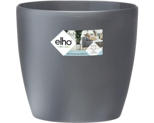 Elho Blumentopf aus recyceltem Kunststoff, rund, grau. Elho Logo. Hergestellt aus recycelten Materialien. Leicht zu bewegen.