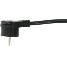 Schuko-Winkelstecker aus Kunststoff mit schwarzem Kabel.