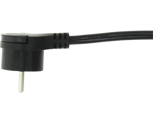 Schuko-Winkelstecker aus Kunststoff mit schwarzem Kabel.