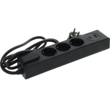 Steckdosenleiste 3-fach in Schwarz mit Schalter sowie USB-A und USB-C Anschluss.