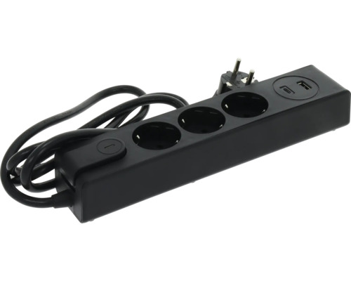 Steckdosenleiste 3-fach in Schwarz mit Schalter sowie USB-A und USB-C Anschluss.