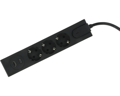 Schwarze Steckdosenleiste mit 3 Steckplätzen, einem USB-A- und einem USB-C-Anschluss sowie einem Ein- und Ausschalter.