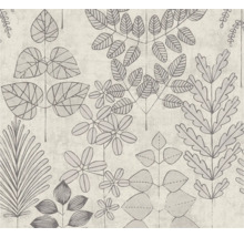 Vliestapete mit botanischem Blättermuster aus verschiedenen Motiven wie Farnen und Palmwedeln auf strukturierter Oberfläche.
