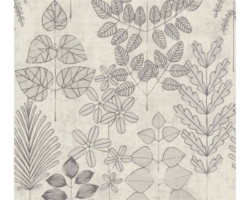 Vliestapete mit botanischem Blättermuster aus verschiedenen Motiven wie Farnen und Palmwedeln auf strukturierter Oberfläche.