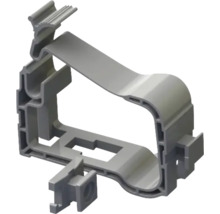 Montageclip aus grauem Kunststoff für Elektroinstallationen.