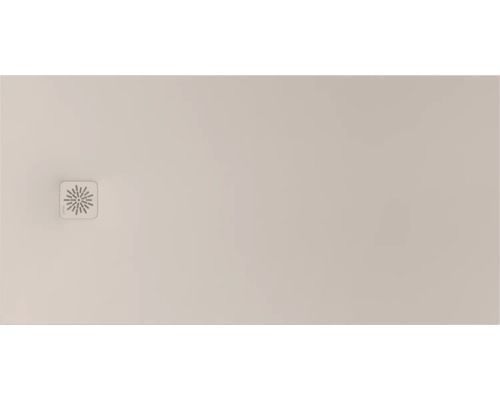 Rechteckige beige Duschwanne mit integriertem quadratischem Ablaufdeckel.